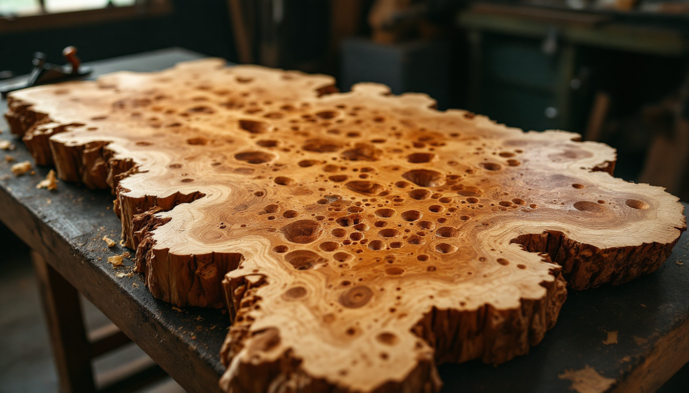 A large raw maple burl slab on a workbench, its top face cut and sanded flat to reveal hundreds of clustered eyes and swirling figure, with a rough live bark edge all around.