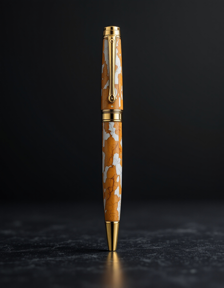 A fountain pen standing upright, its barrel turned from maple burl marbled with bright white resin, with polished brass fittings.