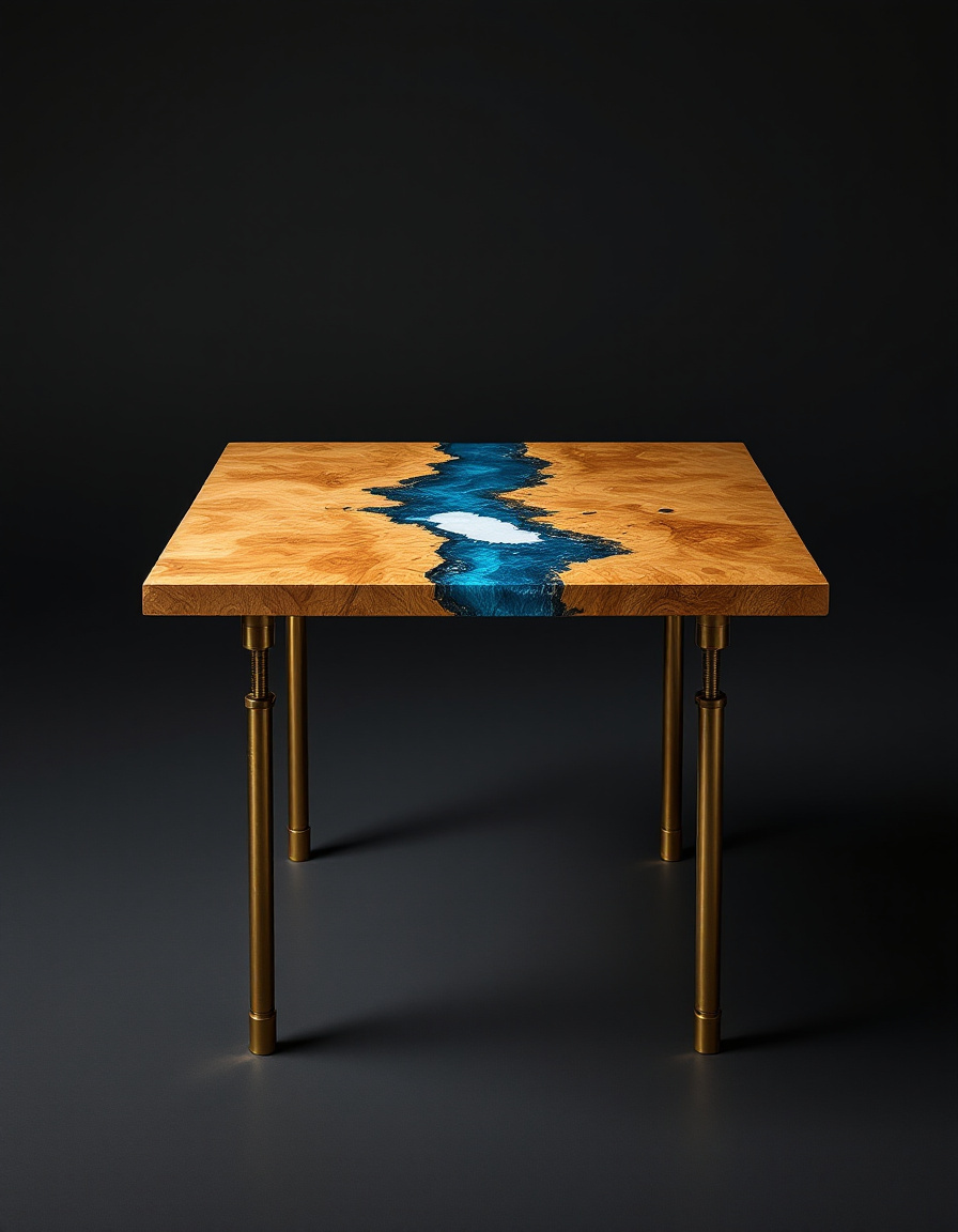 A side table with a figured maple burl top and a blue-gray resin channel, standing on cast brass-toned piston legs in a dark gallery.
