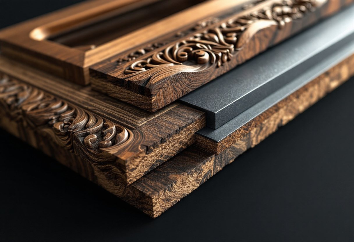 Cutaway of a door edge showing its layered construction: a carved hardwood face, a flat gunmetal steel plate running through the middle, and a second hardwood layer beneath.