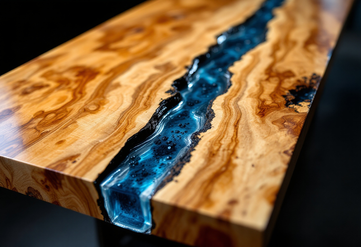 Macro detail of the table top: figured maple burl meeting a channel of deep translucent blue-gray epoxy, flush and seamless at the joint.