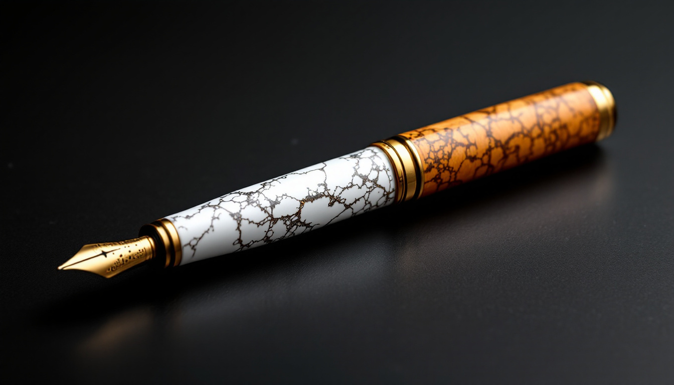 The Tranquility Pen: a fountain pen turned from maple burl and bright white resin with brass fittings, on a dark surface.