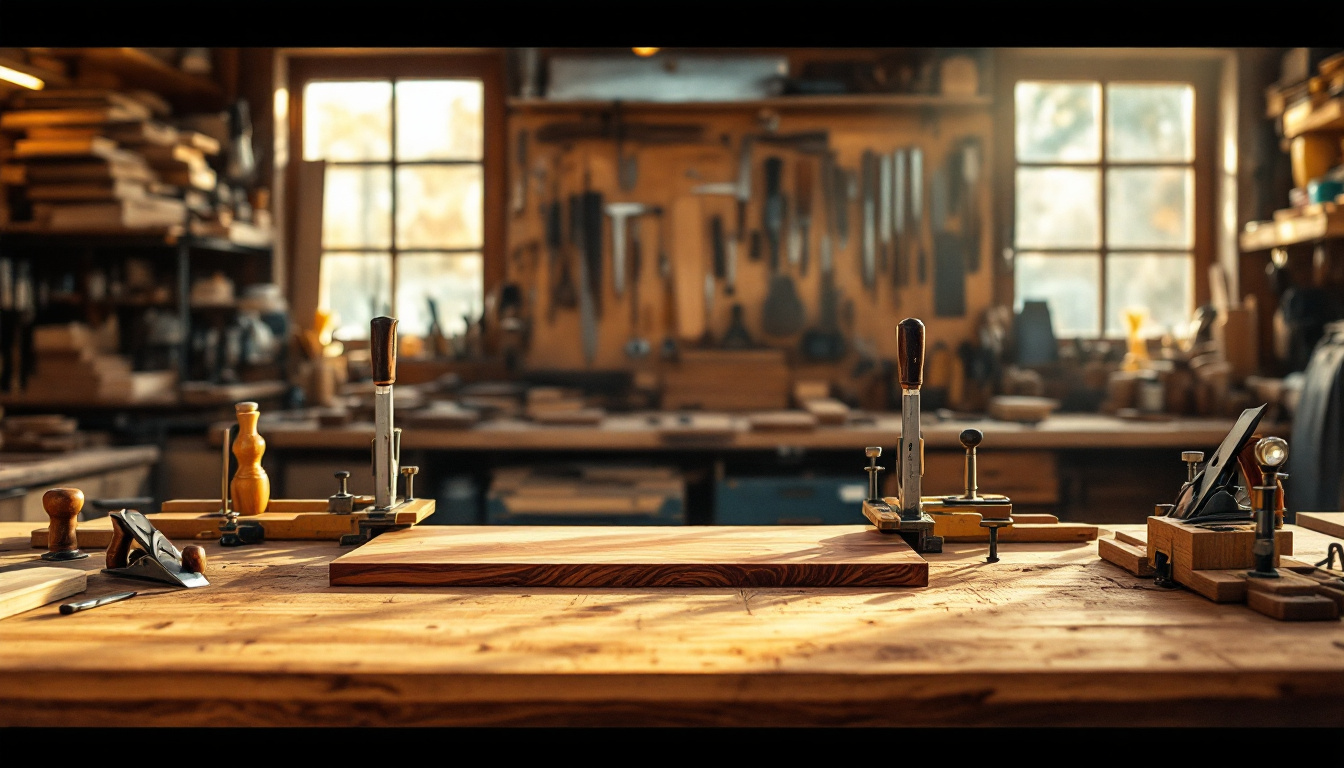 A one-person fine woodworking shop in late afternoon light: hand planes, chisels and marking tools laid out on a heavy worn bench, with lumber and burl blanks stacked behind.